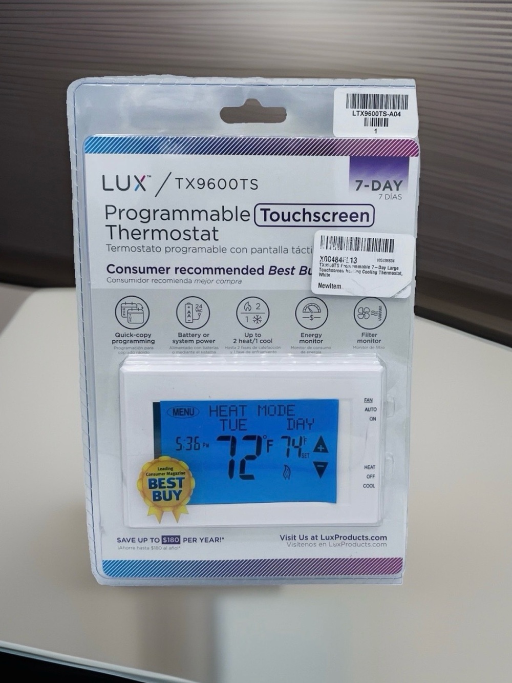 Lux TX9600TS Touchscreen Programmable Thermostat - White 9608/OB